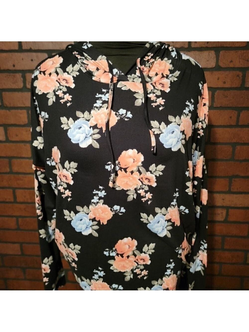 Justify black floral soft hoodie.  Size XL  92% Polyester / 8% Spandex